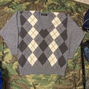 Jaeger 100% Scottish wool argyle sweater v-neck vintage grey‎ size M/21